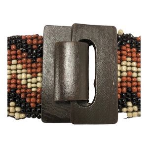 Fashion Belt Women Glass Bead Elastic Chevron Wood Interlock Closure Buckle VTG